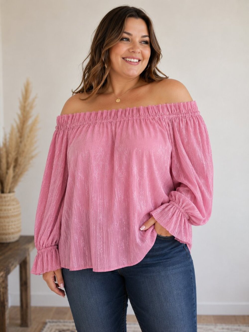 Ryegrass 3X Pink Shimmer Off-the-Shoulder Blouse - Romantic Ruffle Neckline